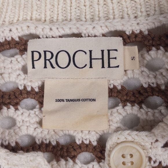 Proche Crochet Polo Top Small Brown Cream Striped Open Knit Short Sleeve Preppy - Picture 3 of 6